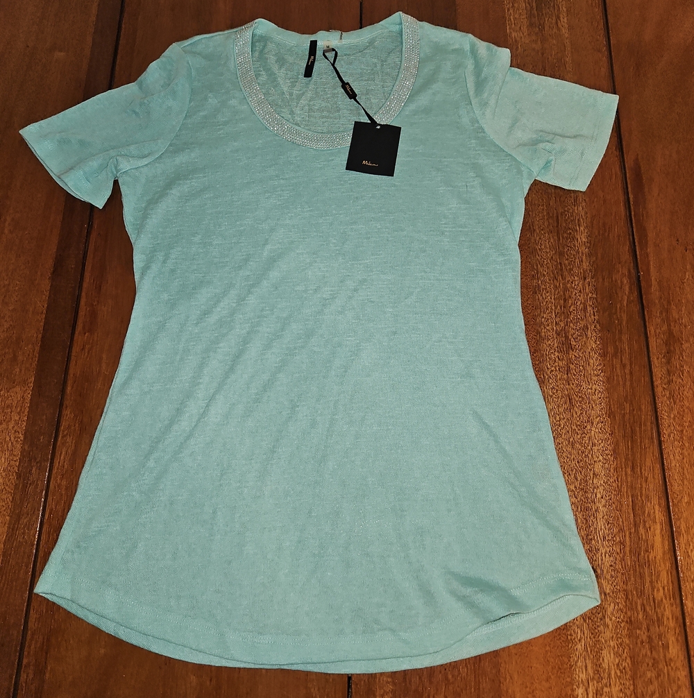 Milano Mint Green Short Sleeve with Rhinestone Trim Scoop Neck Top